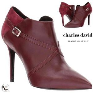 Charles David Laura Wine Red Leather Suede Stiletto Heel Pointed toe Ankle Boots